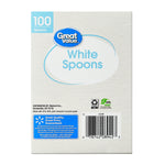 Rear view of Great Value White Spoons cardboard box showing barcode, recycling icons and guarantee panel