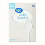 Front-facing Great Value White Spoons box with large spoon graphic and light blue branding on a textured background