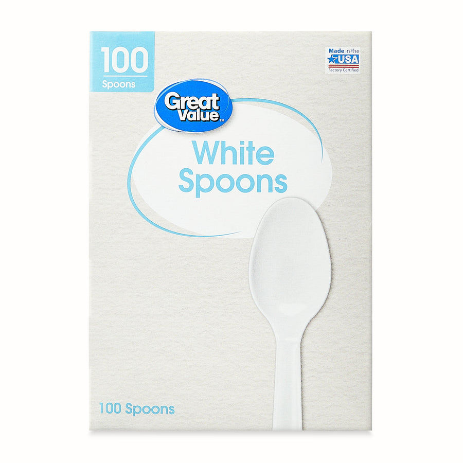 Front-facing Great Value White Spoons box with large spoon graphic and light blue branding on a textured background