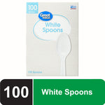 Boxed Great Value White Spoons product packaging showing a single white plastic spoon illustration and branding