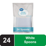Great Value branded clear-front bag of white disposable plastic spoons with teal label reading ‘24 Spoons’