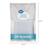 Front view of Great Value bag of white spoons with teal band reading ‘24 Spoons’ and product dimensions indicated