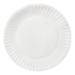 Single white uncoated paper plate photographed flat on a white background showing ridged rim and smooth center