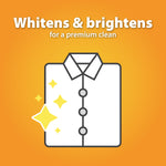 Orange infographic showing a shirt icon with text about whitening and brightening for a premium clean