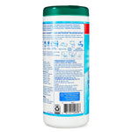Back of Great Value disinfecting wipes container showing precautionary statements, icons, barcode and small returns/guarantee box