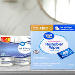 Great Value flushable wipes box staged beside a Great Value bath tissue pack on a countertop