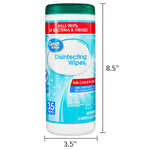 Great Value disinfecting wipes container shown with printed dimensions: 3.5" width and 8.5" height on a white background