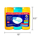 Front product image of Great Value disinfecting wipes multipack with superimposed dimension markers showing 10" by 8.5"