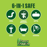 Six circular icons labeled pipes, garbage disposals, septic, sinks, tubs and showers with Green Gobbler logo