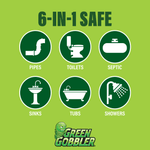 6-in-1 safe infographic showing pipes, toilets, septic, sinks, tubs and showers icons with Green Gobbler logo