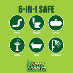 Green background graphic listing '6-in-1 safe' uses with icons for pipes, toilets, septic, sinks, tubs, showers
