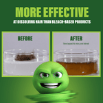 Before and after petri dish photos demonstrating hair dissolution with Green Gobbler mascot below on green background
