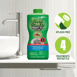 Lifestyle-style image of Green Gobbler bottle on a bathroom counter with icons for splash-free and four treatments