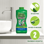 Styled bathroom scene with Green Gobbler bottle and icons stating splash-free, no measuring, two treatments