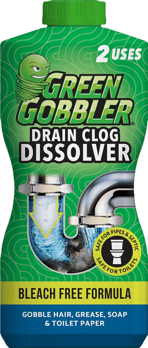 Close-up front label of Green Gobbler Drain Clog Dissolver bottle showing logo, drainage U-pipe illustration and 'bleach free formula' band
