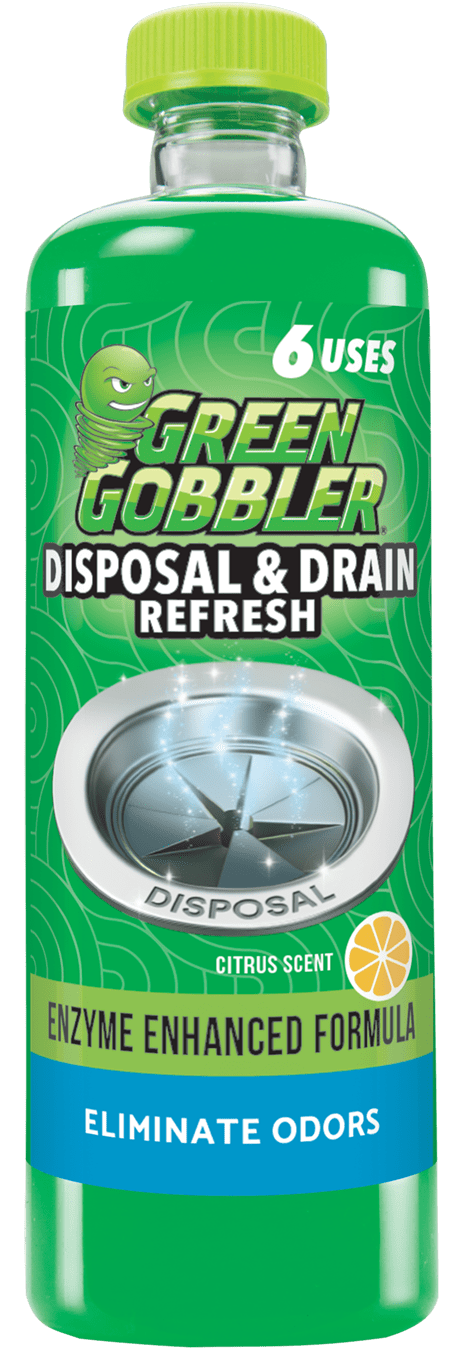 Tall green bottle of Green Gobbler Disposal & Drain Refresh with citrus icon and 'Eliminate Odors' label.