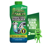 Green Gobbler Drain Clog Dissolver bottle with pipe graphic and mascot on white background