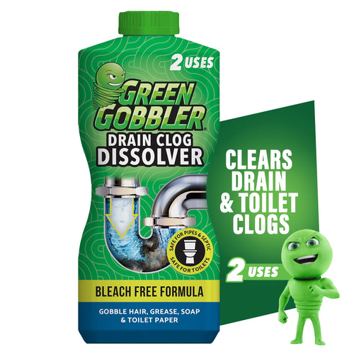 Green Gobbler Drain Clog Dissolver bottle with pipe graphic and mascot on white background