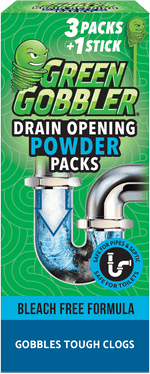 Green Gobbler drain opening powder packs retail box with pipe illustration and bleach-free claim
