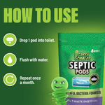 How to use graphic showing three steps with icons and partial product pouch image on green background
