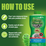 How-to-use graphic showing Green Gobbler bottle and three step instructions with the brand mascot at bottom