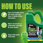 How to use panel showing dosing instructions beside an image of the Green Gobbler one-gallon bottle and mascot