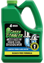 Close-up front view of a green Green Gobbler industrial drain clog dissolver bottle with label