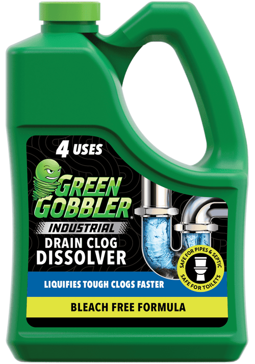 Close-up front view of a green Green Gobbler industrial drain clog dissolver bottle with label