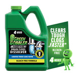 Green Gobbler industrial drain clog dissolver jug with label, callouts and mascot