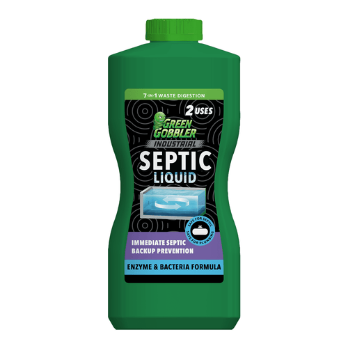 Green Gobbler green plastic bottle labeled Industrial Septic Liquid with product badge and purple accent panel