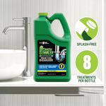 Green Gobbler one-gallon jug displayed on a bathroom counter with splash-free and 8 treatments icons