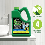 Lifestyle-style image of Green Gobbler drain dissolver jug on a bathroom counter with icons for splash-free and treatments