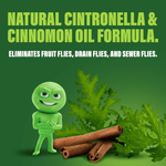 Graphic showing Green Gobbler mascot with cinnamon sticks and green leaves and text about natural citronella and cinnamon formula