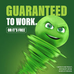 Green Gobbler mascot with swirling body and bold text reading guaranteed to work on a dark green background