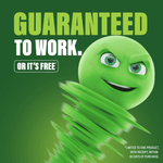 Green Gobbler mascot swirl with bold text guaranteed to work or it’s free promotional graphic