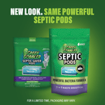 Promotional image showing old and new Green Gobbler Septic Pods packaging with "new look" headline