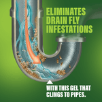 Illustration of a U-bend pipe with gel clinging to surfaces and text about eliminating drain fly infestations
