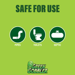 Safe for use panel with icons for pipes, toilets and septic and Green Gobbler logo on lime background
