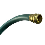 Close-up of green garden hose end with brass male threaded fitting angled against white background