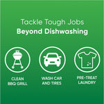 Green panel with white icons and text listing uses like cleaning BBQ grill, washing car and pre-treating laundry