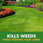 Well-manicured green lawn bordered by flower beds with text overlay 'Kills Weeds While Feeding Your Lawn'