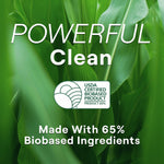 Green leafy background with text 'POWERFUL Clean' and USDA Certified Biobased Product seal indicating 65% biobased.