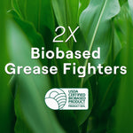 Close-up of green leaves background with text highlighting 2X biobased grease fighters and USDA certified biobased seal