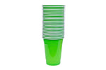 Stack of bright green disposable plastic party cups with white rims on a white background