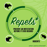 Green infographic circle with the word Repels and small rodent icons promoting prevention of infestations