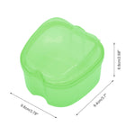 Translucent green orthodontic retainer box with printed dimension arrows on a white background