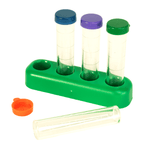 Green plastic test tube holder with three tubes and an orange cap and loose tube in foreground