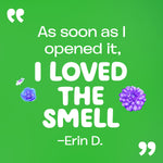 Green panel testimonial reading 'As soon as I opened it, I loved the smell' with small floral accents and author name