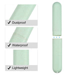 Close-up of a speckled pale green toothbrush travel case with inset panels noting dustproof, waterproof, and lightweight features.