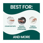 Informational panel titled “Best For:” with three circular images showing countertops, dishes/nonstick cookware, and tubs & showers